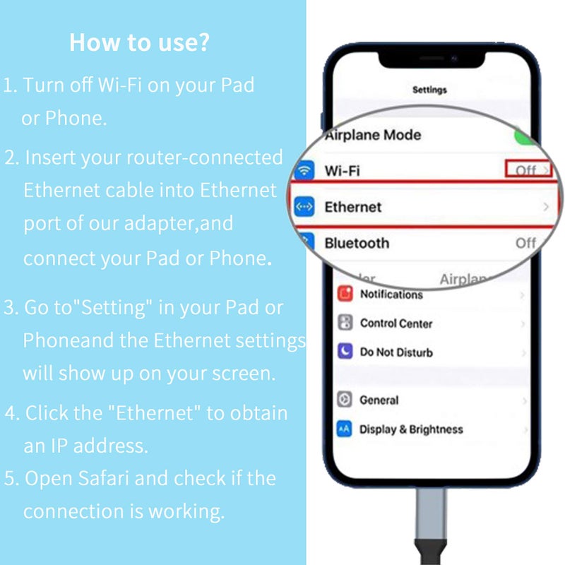 Giochem RJ45 Ethernet LAN Network Adapter for Phone Pad, Phone Ethernet Adapter, 3.3ft/1m Cable, 10/100Mbps High Speed,Plug and Play Enbia [Grey] - Image 2